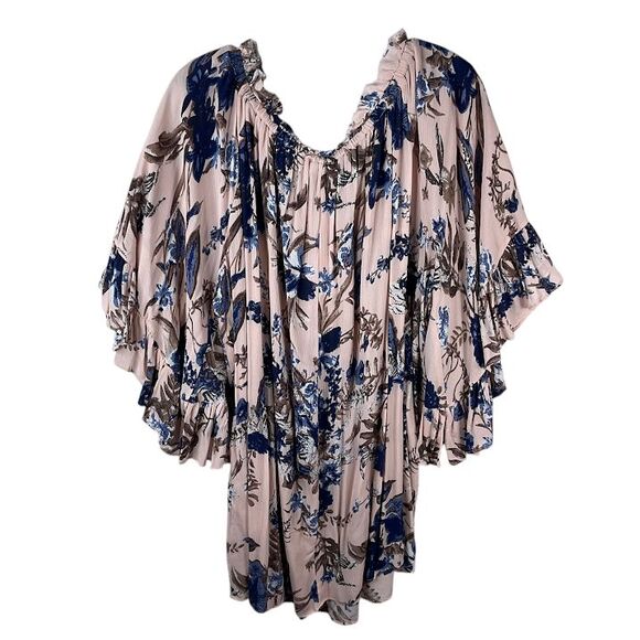 Umgee Floral Bell Flounce Sleeve Tunic Blouse Ruffle Tassel Tie Neck Boho L NWT - Picture 2 of 10